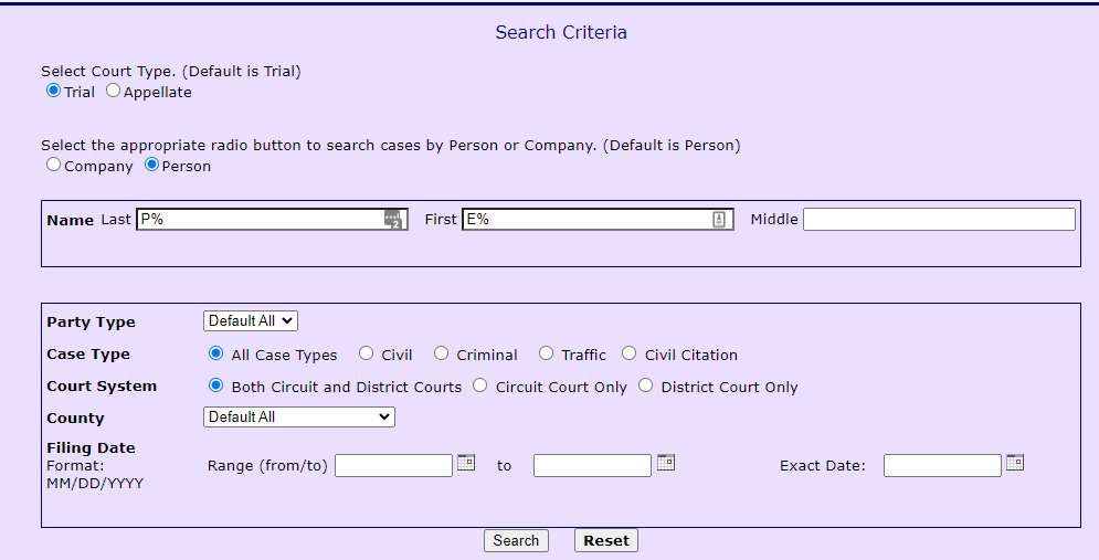 Screenshot of Case Search record