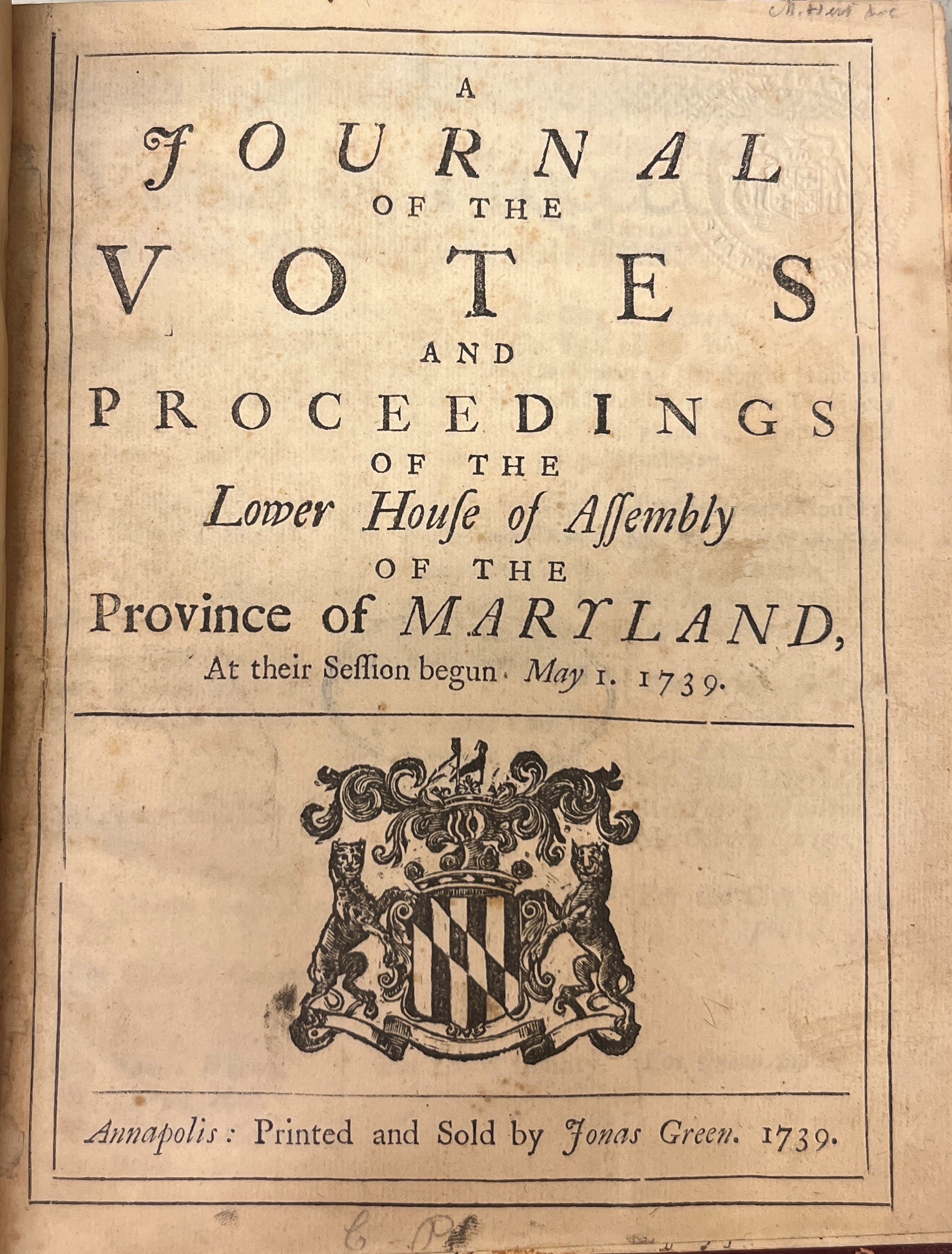 Title page Maryland Lower House of Assembly Journal